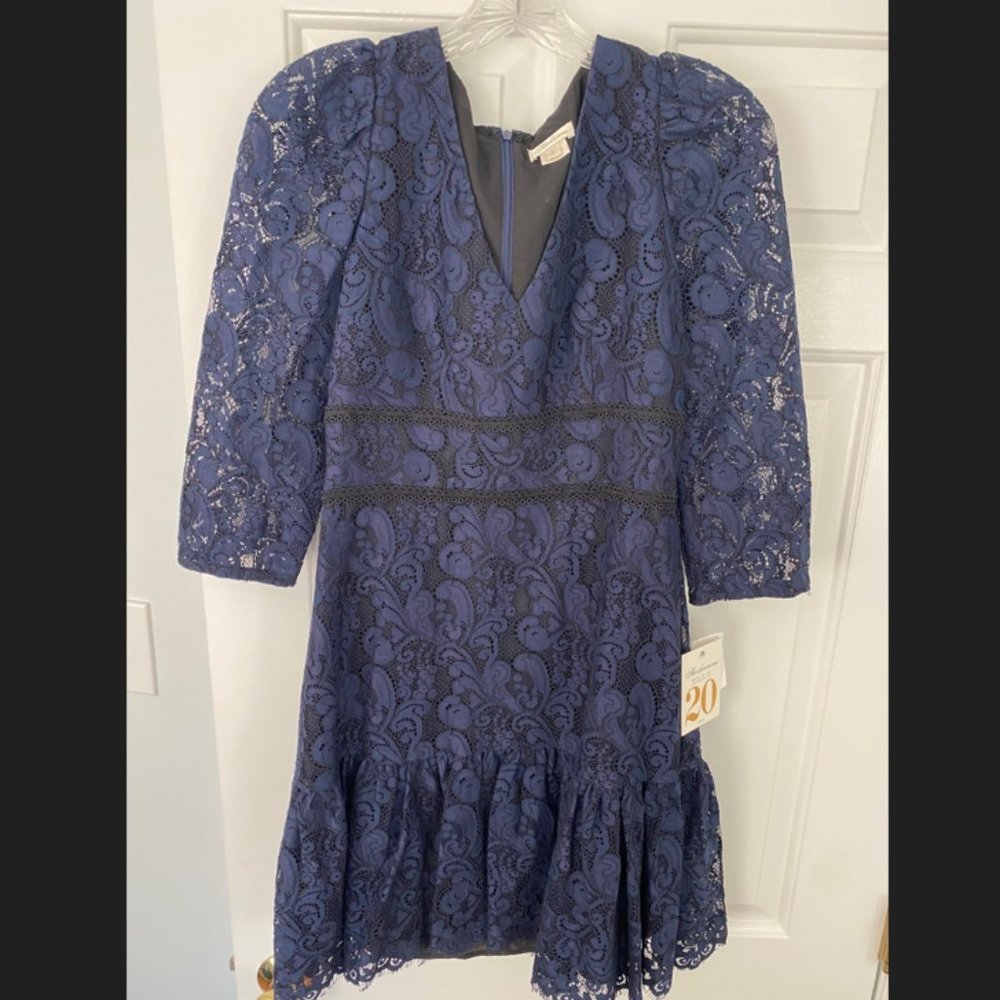 Shoshanna Navy Blue Lace Cocktail Dress Long Sleeve V Neck